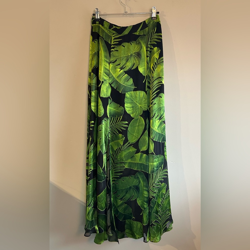 Alice + Olivia Tropical Green Leaf Print Athena Silk Skirt